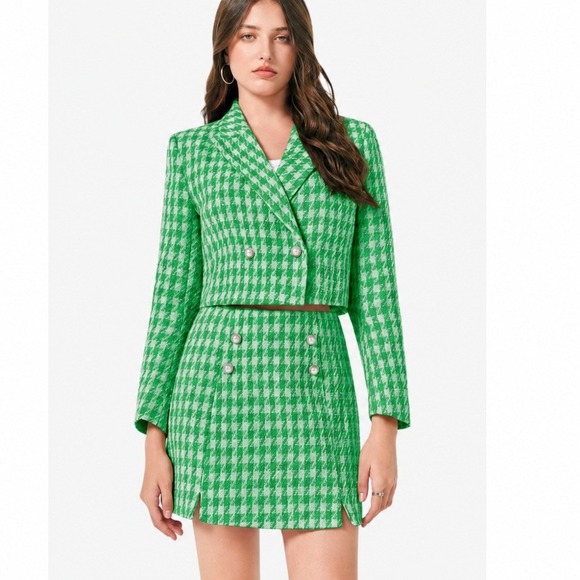 Cicy Bell Dresses & Skirts - Cicy Bell Womens Green Cropped Tweed Blazer Skirt Set Suit M Tweed Houndstooth